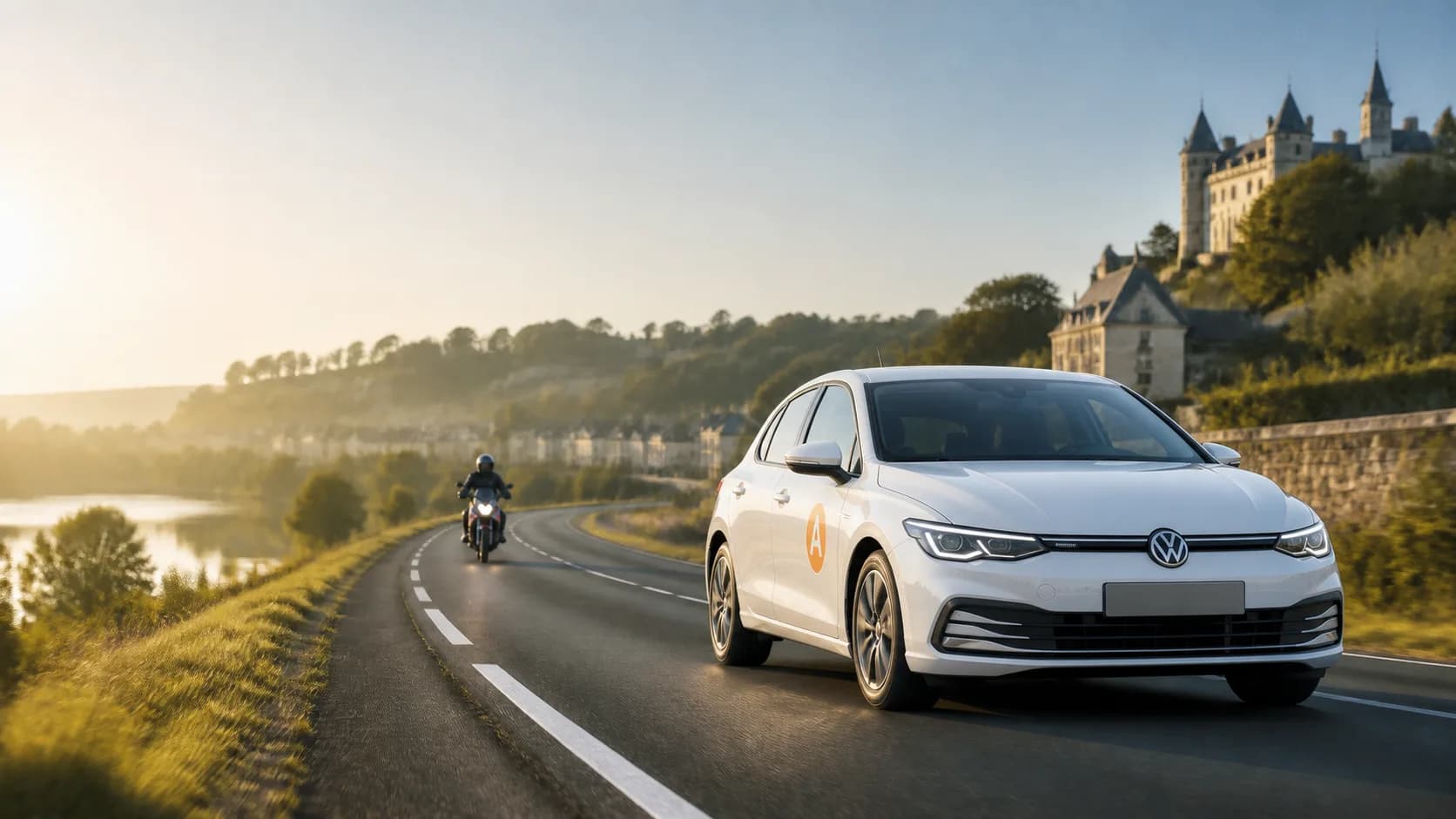 Golf 8 blanche de l’auto-école Ready to Drive sur une route près de Saumur